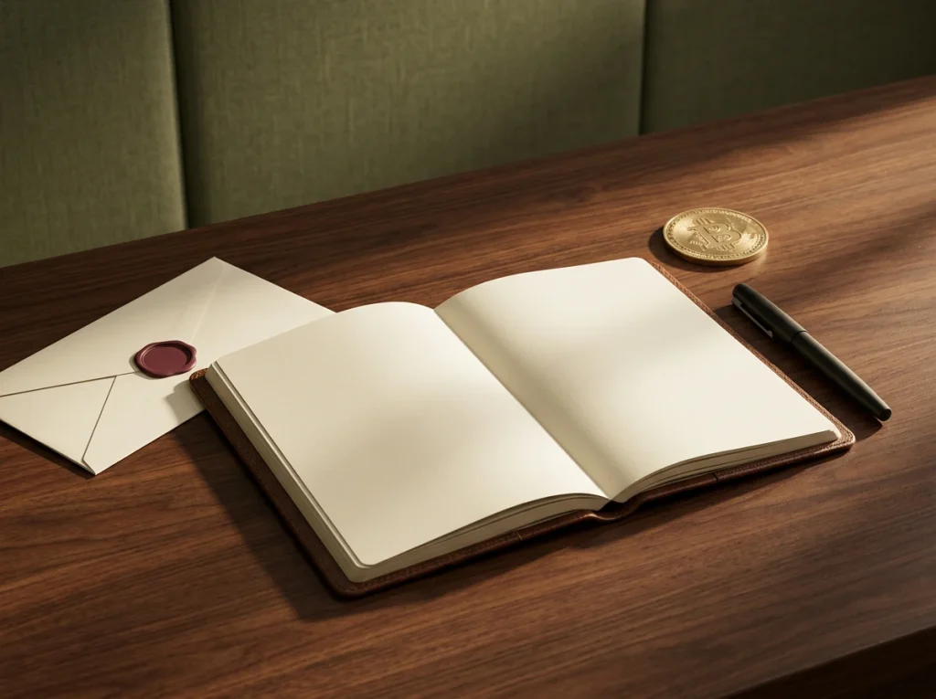 Houten bureau met open notitieboek pen en bitcoin-munt naast een Nederlands belastingbriefje