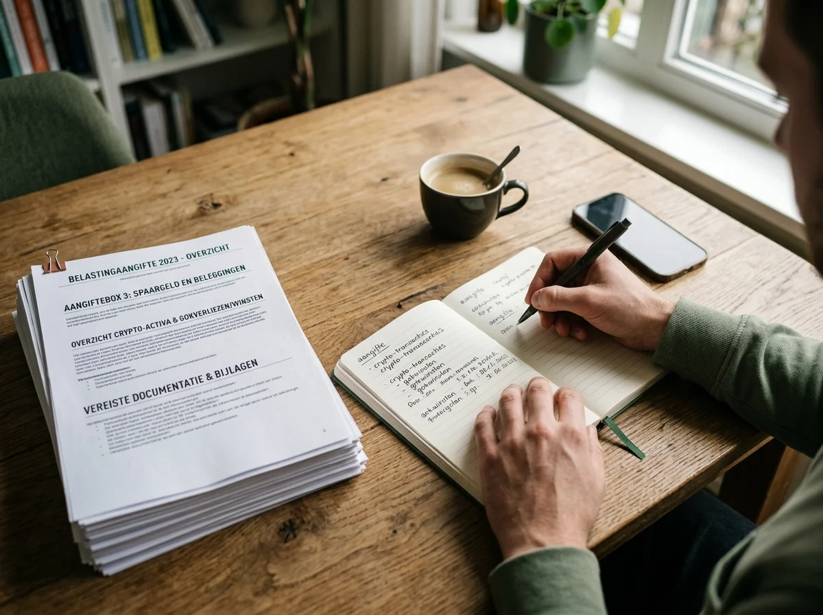 Persoon neemt aantekeningen over kansspelbelasting en Box 3 in werkomgeving met papieren en notitieblok