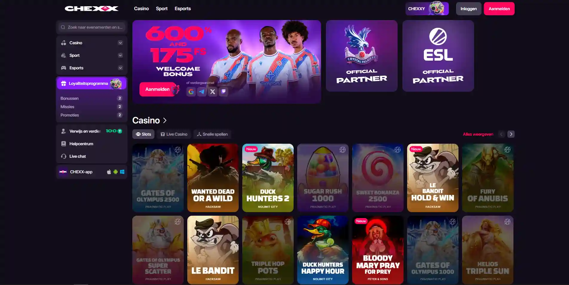 CHEXX casinolobby met spelcategorieën filters en meerdere titels