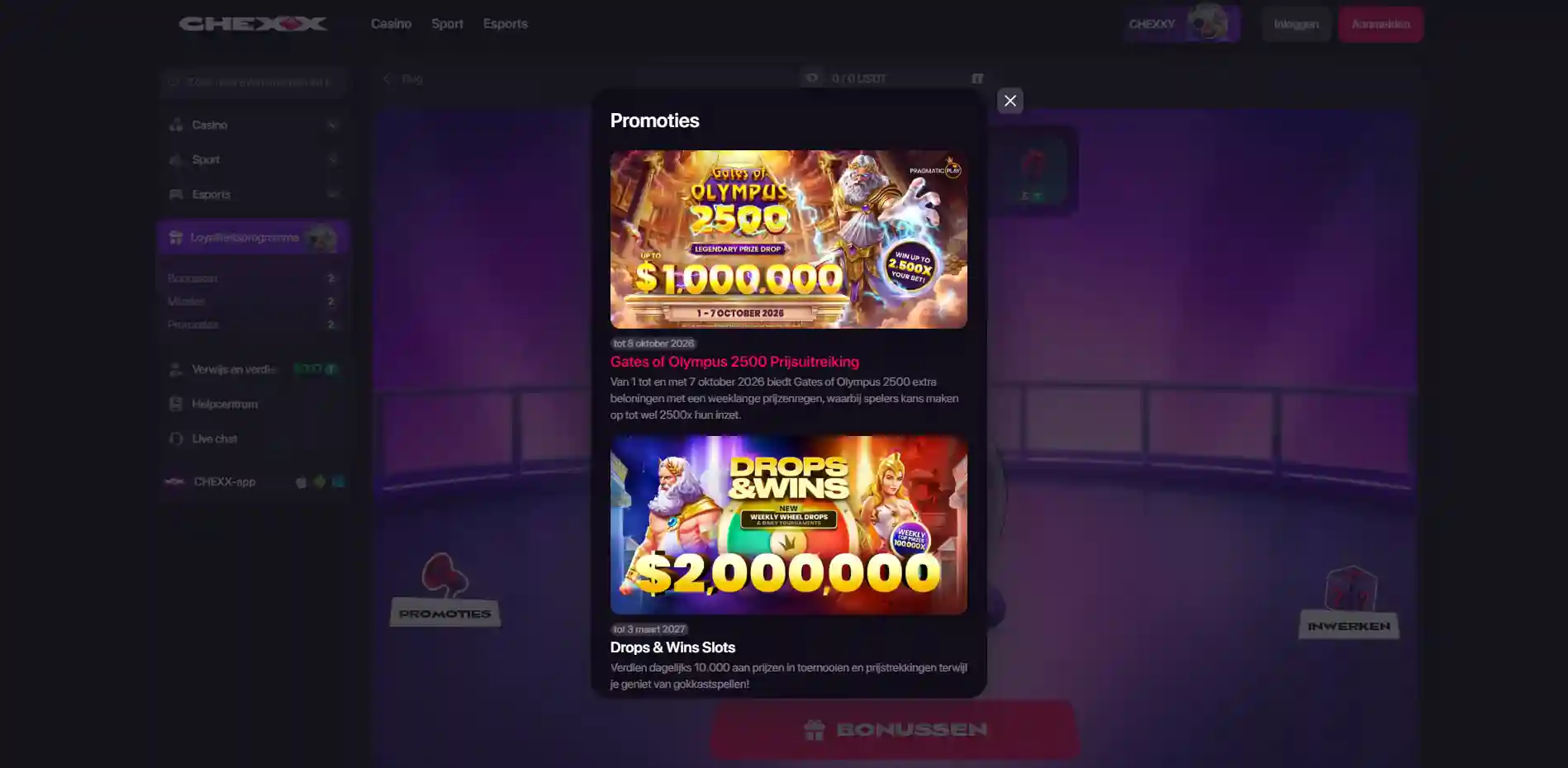 Drie niveaus van het CHEXX welkomstpakket met gratis spins