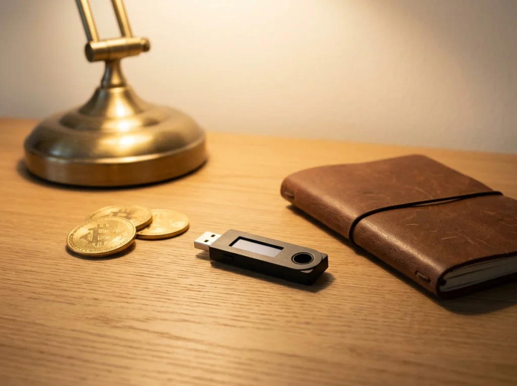 Stapel metalen bitcoin-munten naast een hardware-wallet op een werkblad met warme bureaulamp