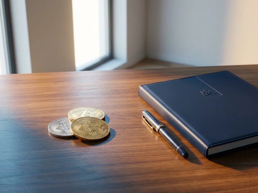 Nederlandse toezichthoudersgebouwen naast een rij brandstofkleurige crypto-munten op een houten tafel