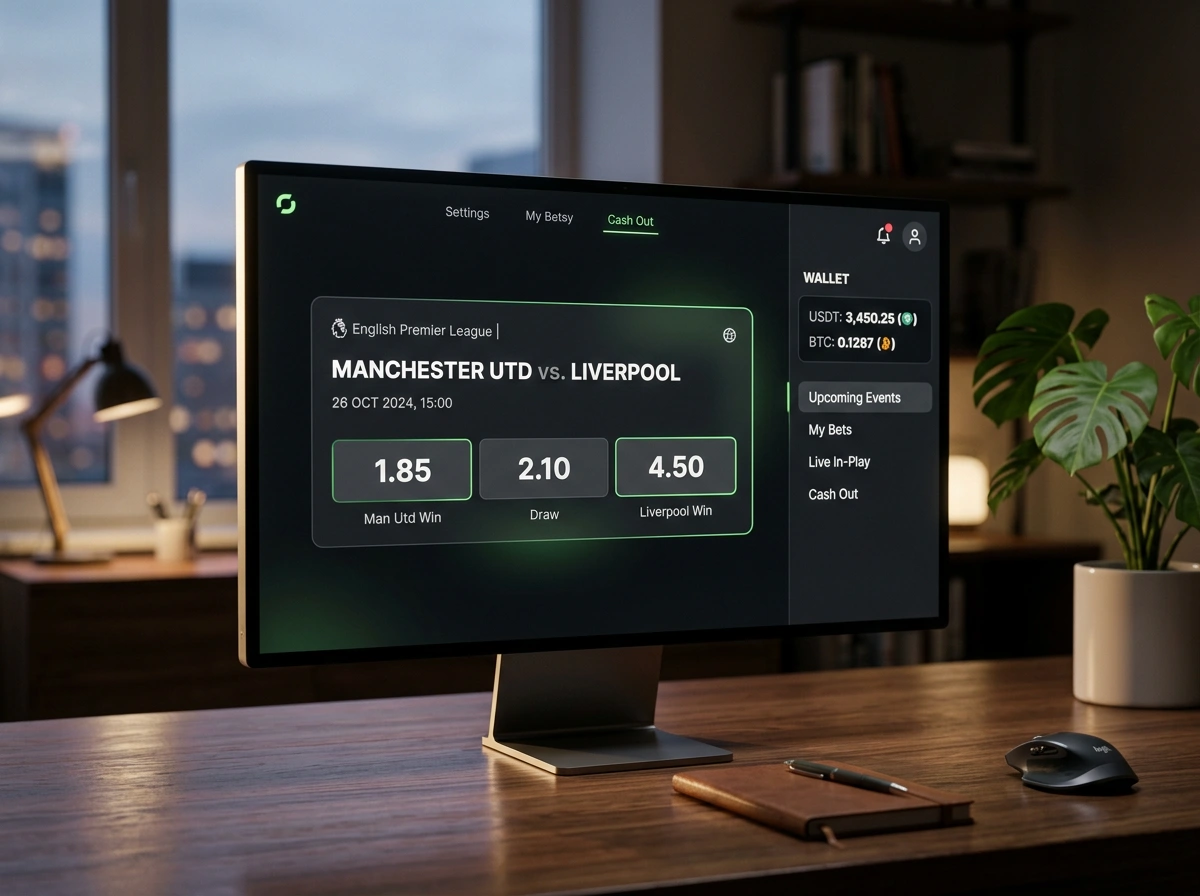 Crypto-sportsbook gebruikersinterface met odds voor voetbalwedstrijd en bitcoin-saldo