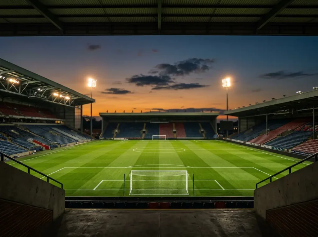 Voetbalstadion bij schemering met verlichte tribunes gezien vanaf de spelerstunnel