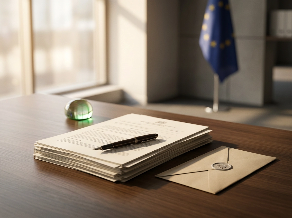 Documenten over DAC8 en MiCA-regelgeving op bureau met Europese vlag op de achtergrond