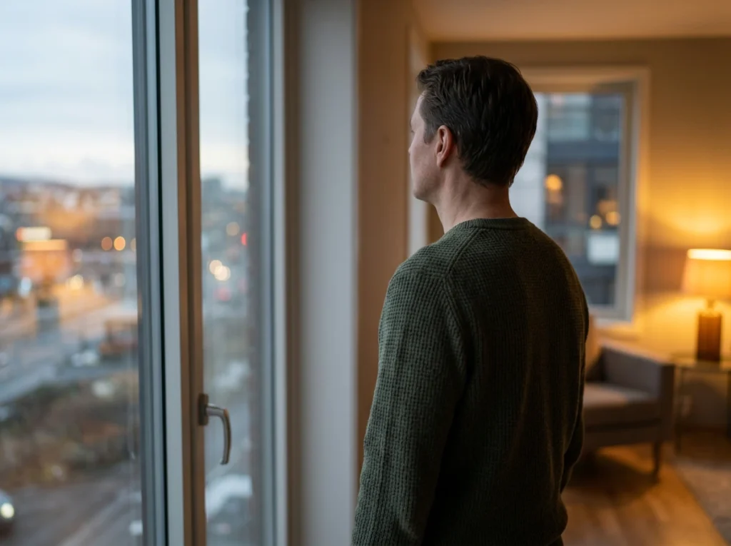 Persoon bij raam in avondlicht die peinzend naar buiten kijkt met warme huiskamer op achtergrond