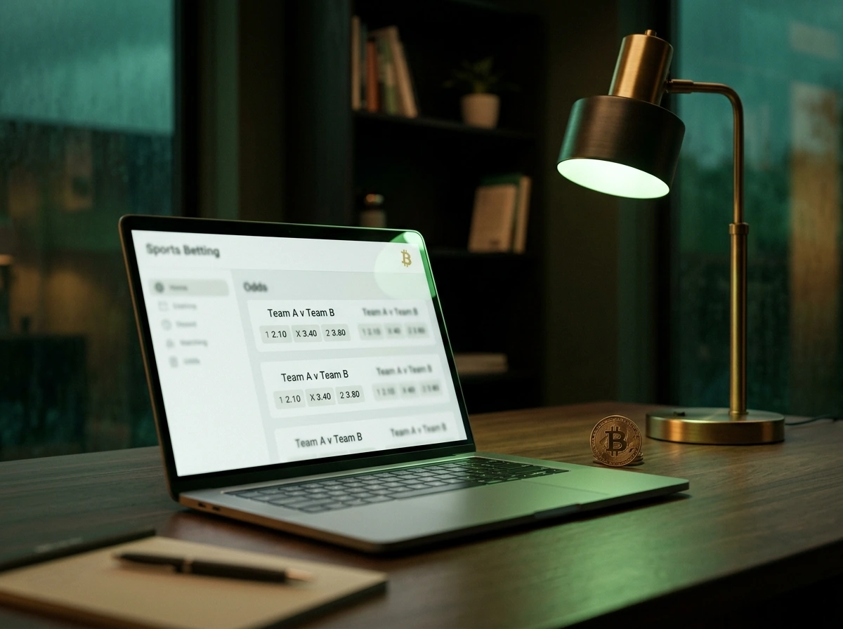 Wedden met crypto in Nederland — overzichtsbeeld van blockchain-sportsbook op laptopscherm in avondlicht
